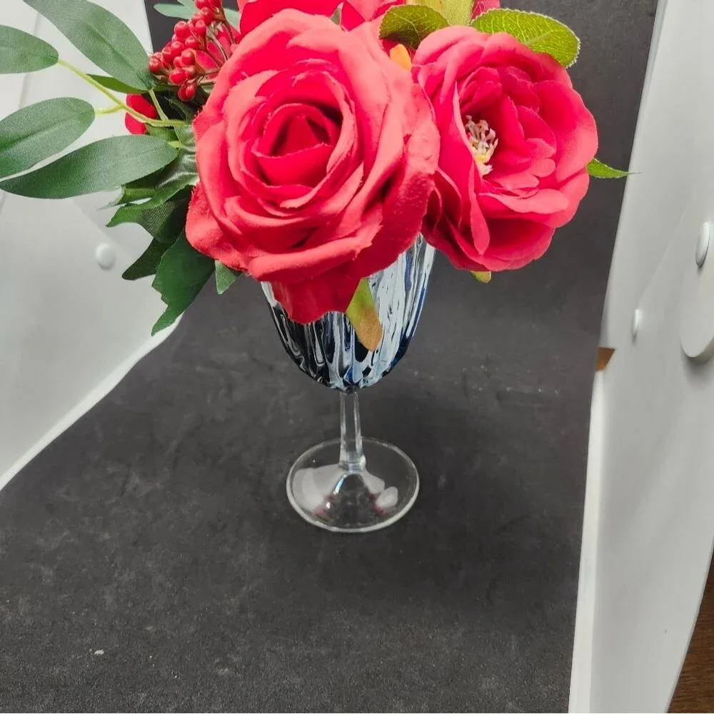 Hand Crafted Floral Table Centerpiece Summer Red Roses Flower Wine Glass
